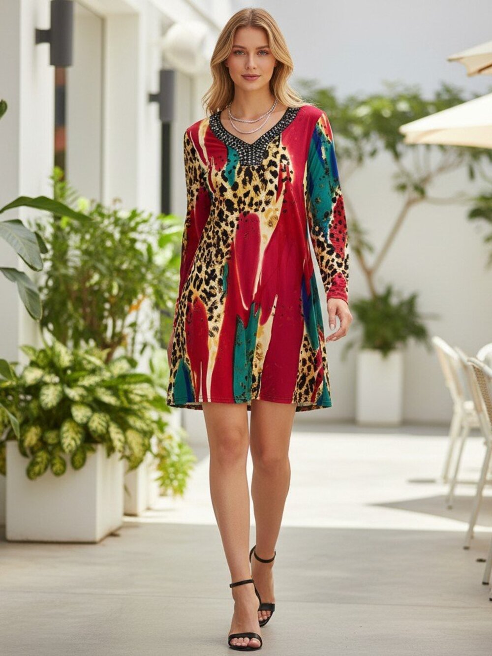 NF Free Size Fit & Flare Mini Dress Hippie Boho 1 Size Leopard Rhinestone Neck